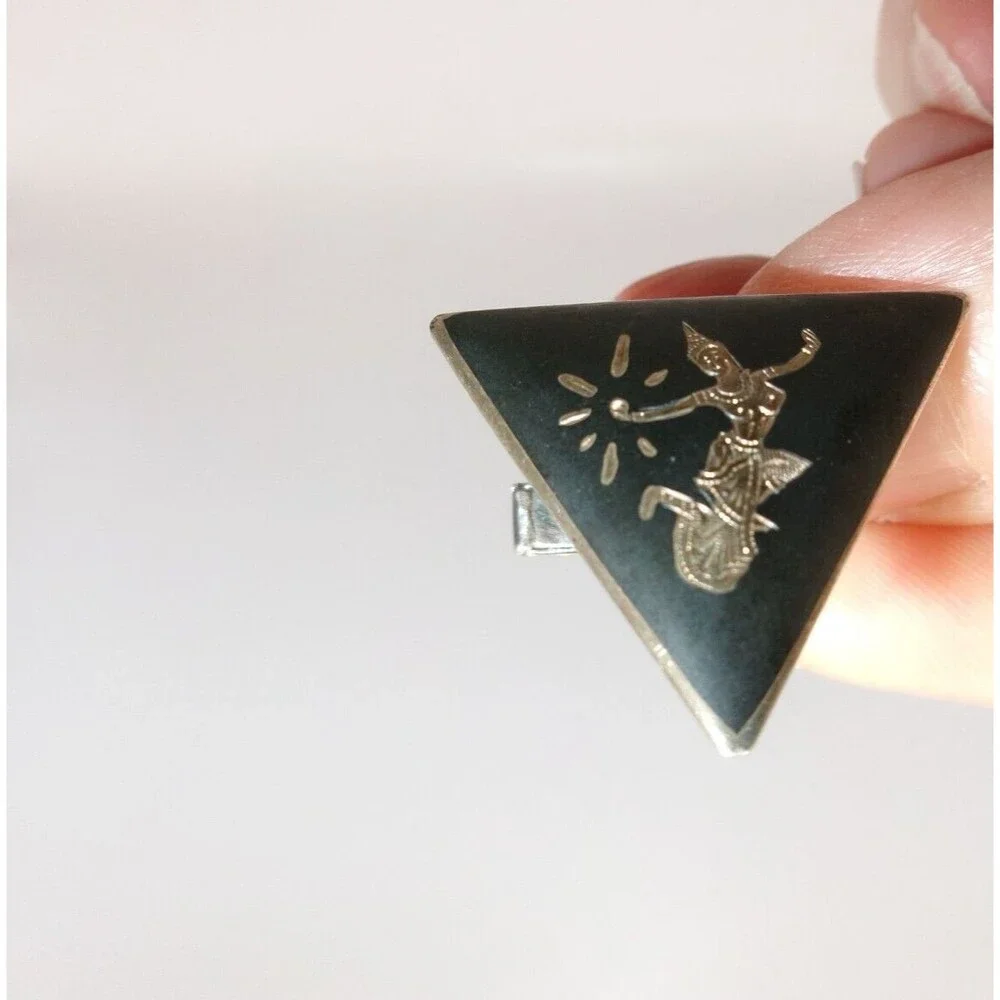 Vintage SIAM Sterling Cufflinks & Tie Clip Bali Dancer Black & Silver Triangles